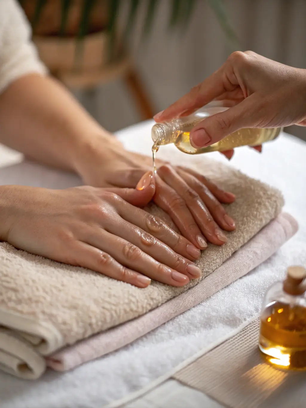 A person gently massaging herbal oil onto their hands, showcasing the topical application for arthritis and joint pain relief.